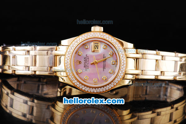 Rolex Datejust Oyster Perpetual Chronometer Automatic Full Rose Gold with Diamond Bezel,Pink MOP Dial and Diamond Marking-Lady Size - Click Image to Close